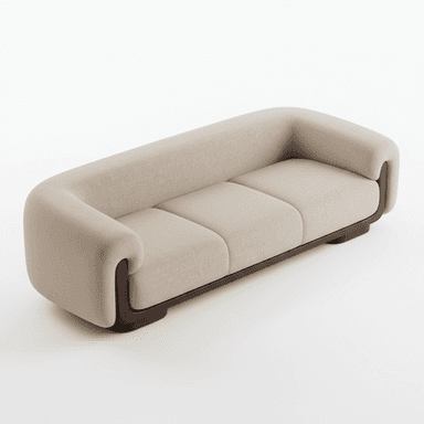 A three-seater sofa featuring a clean, contemporary design with integrated, rounded upholstered arms and backrest, supported by a dark wood plinth base. The sofa is upholstered in a neutral beige fabric and includes three individual seat cushions. — 3D model (AI enhanced source)