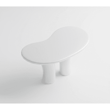 A small, white side table with an organic, bean-shaped tabletop supported by two rounded, bulbous legs. The design is minimalist and modern. — 3D model (AI enhanced source)