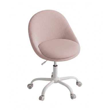 A modern desk chair featuring a rounded, barrel-style seat and backrest, upholstered in a light pink woven fabric. It stands on a white five-star base equipped with grey casters, allowing for mobility. A lever for height adjustment is visible beneath the seat, indicating swivel and pneumatic lift functionality. The design is sleek and minimalist, emphasizing comfort and functionality for a workspace. — 3D model (AI enhanced source)
