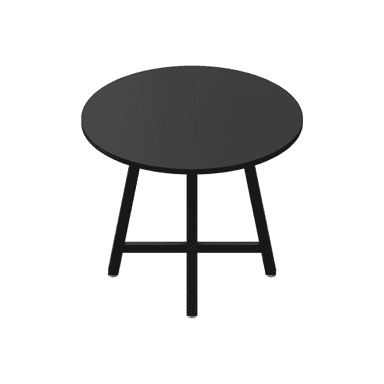 A modern black round side table with a minimalist design, featuring a circular top and a sturdy metal base with four legs connected by stretchers, rendered against a white background. — 3D model (AI enhanced source)