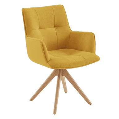 A contemporary upholstered armchair in a vibrant mustard yellow fabric, featuring a square-tufted backrest and integrated armrests. The chair is supported by a swivel mechanism attached to a base with four splayed legs made of light-toned wood. — 3D model (AI enhanced source)