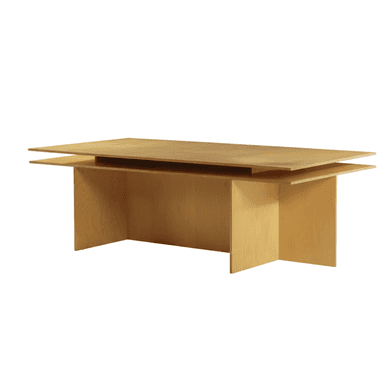 A modern executive desk featuring a distinct layered plywood construction, presenting a light wood finish and a minimalist aesthetic. — 3D model (AI enhanced source)