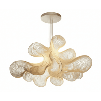 A contemporary sculptural chandelier featuring an organic, cloud-like form composed of delicate, interwoven filament wires. The fixture emits a warm, diffused light, highlighting its intricate layered structure. It is suspended from a circular ceiling plate by multiple thin cables. — 3D model (AI enhanced source)
