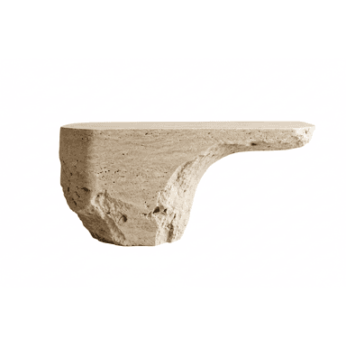 A sculptural pedestal table crafted from a single block of light-colored travertine stone, featuring an organic, rough-hewn base and a smooth, flat circular top. The table's form suggests a natural, unearthed aesthetic, with visible pores and natural variations characteristic of travertine. — 3D model (AI enhanced source)