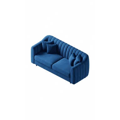 A contemporary three-seater sofa upholstered in rich blue velvet, featuring distinctive channel tufting on the backrest and arms, paired with two plush seat cushions and matching throw pillows. — 3D model (AI enhanced source)