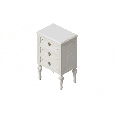 A white painted wooden nightstand featuring three functional drawers, ornate brass-toned circular pull handles, and intricately carved details on its frame and drawer fronts. The piece stands on four fluted, turned legs, contributing to its elegant, traditional aesthetic. The top surface is flat and plain, complementing the decorative elements below. — 3D model (AI enhanced source)