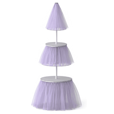 A three-tiered display stand featuring a central white pole and three graduated circular platforms. Each platform is adorned with a voluminous skirt of gathered translucent lavender tulle fabric, creating a soft and decorative aesthetic. The top tier is conical and also covered in tulle. — 3D model (AI enhanced source)