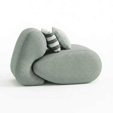 An upholstered lounge chair with an organic, sculptural form, featuring a light green textured fabric and two decorative throw pillows. — 3D model (AI enhanced source)