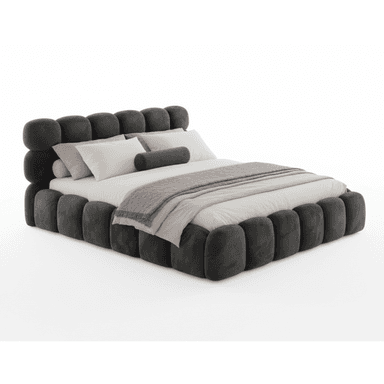 A contemporary upholstered bed frame with a distinctive rounded, modular headboard and a low-profile base. The headboard is composed of stacked, curved segments that create a soft, organic silhouette. The bed is dressed with white linens, a light grey blanket, and several pillows, including standard rectangular pillows and a cylindrical bolster pillow. — 3D model (AI enhanced source)