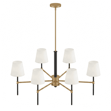 A multi-arm chandelier featuring a central column with radiating arms. It has seven conical-shaped lampshades, each made of white fabric. The frame is constructed from metal, with a combination of brushed gold and black finishes. The design appears modern or contemporary. — 3D model (AI enhanced source)