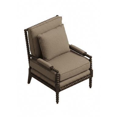 A dark-stained wooden armchair with a distinctive bobbin-turned frame and light brown upholstered cushions, accented with decorative nailhead trim. — 3D model (AI enhanced source)