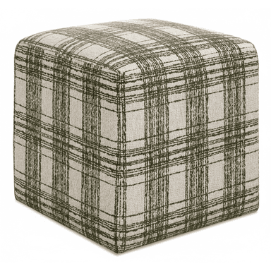 A cube-shaped, fully upholstered ottoman featuring a dark green and off-white plaid pattern on a textured fabric. — 3D model (AI enhanced source)