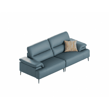 A modern sectional sofa featuring a right-hand facing chaise lounge, upholstered in a blue leather-like material. It has plush, segmented seat and back cushions, gently padded rolled armrests, and is supported by slim, tapered dark metal legs. An accent pillow with a geometric pattern is included. — 3D model (AI enhanced source)