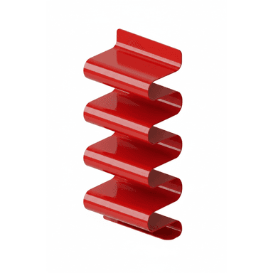 A tall, narrow, free-standing shelving unit featuring a distinctive serpentine or zig-zag design. It is constructed from a glossy, vibrant red material, forming multiple curved shelves that provide visual interest and display space. — 3D model (AI enhanced source)