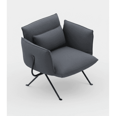 A modern dark gray upholstered lounge chair with a minimalist black metal frame. It features plush, separate cushions for the seat, back, and arms, along with an additional lumbar cushion. The frame consists of slender, angled legs. — 3D model (AI enhanced source)