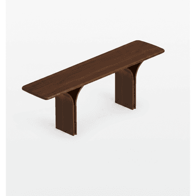 A long, narrow bench constructed from dark-toned wood, featuring a rectangular top with rounded edges supported by two elegantly curved, flared legs. — 3D model (AI enhanced source)
