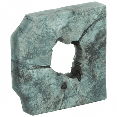 A decorative object crafted from a substantial block of natural teak root, exhibiting a roughly rectangular yet organic shape with irregular edges. The surface is primarily a variegated blue-green hue, possibly a patination or finish, with visible natural grain and deep fissures, especially around a prominent, irregularly shaped central void. The interior of the void and deeper cracks reveal the natural, darker tones of the wood. — 3D model (AI enhanced source)