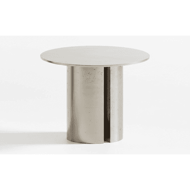 A contemporary side table featuring a round, smooth top and a solid, cylindrical pedestal base with a distinctive vertical cut-out. The table is crafted from a light gray material, likely concrete or cast metal, exhibiting a subtle texture on its base. — 3D model (AI enhanced source)