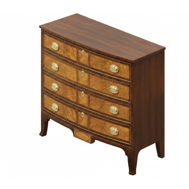 A traditional Georgian-style chest of drawers featuring a serpentine front. It has four graduated drawers, each adorned with ornate brass bail handles and keyholes. The drawer fronts showcase striking burl wood veneer panels framed by darker wood banding, possibly marquetry. The top surface is a solid, dark wood, likely mahogany. The cabinet stands on short, splayed bracket feet. — 3D model (AI enhanced source)