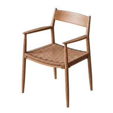 A Scandinavian-style armchair featuring a solid wooden frame with a curved backrest and integrated armrests. The seat is constructed from a natural woven material, likely paper cord, providing a textured surface. The chair has four tapered legs and a minimalist aesthetic. — 3D model (AI enhanced source)