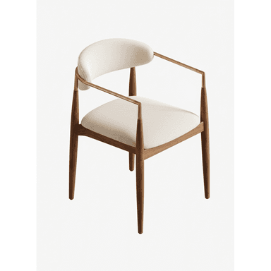 An elegant contemporary armchair featuring a solid wood frame, upholstered seat and curved backrest, complemented by sleek brass armrests. — 3D model (AI enhanced source)