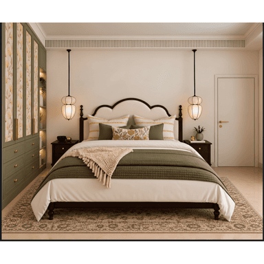 A traditional wooden bed featuring a scalloped upholstered headboard, a dark brown wood frame, and turned leg posts, presented in a bedroom setting with coordinated bedding. — 3D model (AI enhanced source)