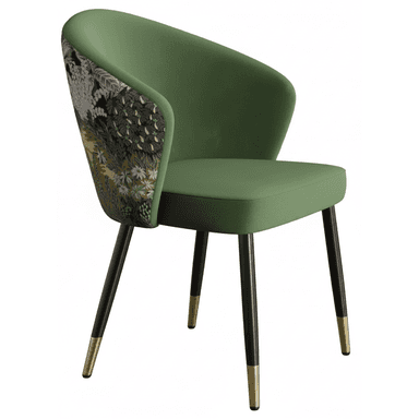 A contemporary armchair with a curved back and seat, upholstered in a textured green fabric. The sides of the backrest feature an intricate, detailed floral and botanical pattern in muted tones of grey, green, yellow, and black. The chair is supported by four slender, tapered legs that are black with brass-colored caps at the base. — 3D model (AI enhanced source)