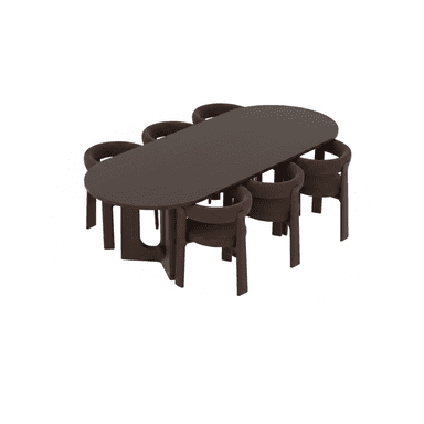 A modern dining set consisting of an oval table and six matching chairs, all in a dark brown finish. The table features a substantial oval top and a sculptural, broad base with geometric cutouts. The chairs are characterized by their rounded, continuous backrests and integrated armrests, upholstered in a dark brown fabric that matches the table's finish. The chairs are designed to fit closely around the table. — 3D model (AI enhanced source)