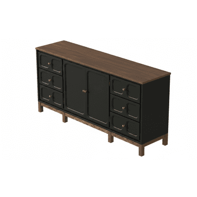 A contemporary, long, and low sideboard cabinet featuring a dark wood top surface contrasting with a black-painted body. The cabinet includes two sections of three drawers each, positioned on either side of a central double-door cabinet. All drawers and doors are adorned with small brass knob pulls. The drawer fronts have a distinctive recessed or carved panel detail. The entire unit is elevated on a simple, dark wood base with short, sturdy legs. — 3D model (AI enhanced source)