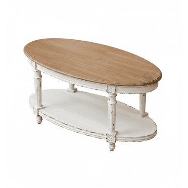 An oval two-tier coffee table featuring a distressed white painted base and a natural light wood top. The table has turned legs with carved block details and an oval lower shelf. The overall aesthetic is shabby chic or French country, with intentional signs of wear on the painted surfaces. — 3D model (AI enhanced source)