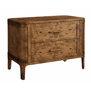 A compact two-drawer nightstand or side cabinet crafted from burl wood veneer, featuring a rich, intricate grain pattern. The piece has soft, rounded corners on its top and sides, and the base flows seamlessly into four short, tapered legs. It is equipped with two full-width drawers, each fitted with a slender, rectangular brass or bronze bar pull handle. — 3D model (AI enhanced source)