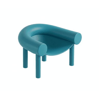 A modern, minimalist lounge chair in a vibrant teal color, featuring a U-shaped backrest and integrated armrests, supported by four cylindrical legs. The design is seamless and sculptural. — 3D model (AI enhanced source)