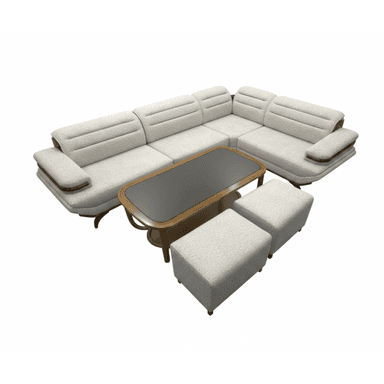 An L-shaped sectional sofa set featuring light gray fabric upholstery, integrated dark wood armrest accents, a rectangular coffee table with a wooden frame and dark glass top, and two matching upholstered ottomans. — 3D model (AI enhanced source)