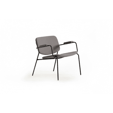 A modern armchair with a minimalist design. It features a gently curved backrest and seat, both upholstered in a gray fabric. The armrests are integrated into the frame and also upholstered. The chair is supported by a slender, black metal frame with four splayed legs, providing a contemporary aesthetic. — 3D model (AI enhanced source)