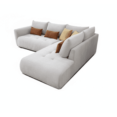 A contemporary L-shaped sectional sofa upholstered in a light grey fabric, featuring a deep seat with button tufting. The sofa includes multiple back cushions and is accented with several decorative throw pillows in shades of brown and yellow. It has wide, low-profile arms and an integrated chaise lounge section, presenting a soft and inviting aesthetic. — 3D model (AI enhanced source)
