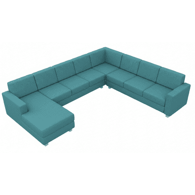 A large U-shaped sectional sofa upholstered in a vibrant teal textured fabric, featuring low, integrated armrests and backrests, individual seat and back cushions, and short metallic block feet. The sofa includes a prominent chaise lounge on one end. — 3D model (AI enhanced source)