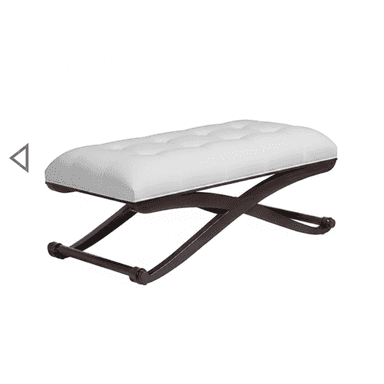 A rectangular, upholstered ottoman bench featuring a tufted white cushion and a dark brown, X-shaped wooden base. The base includes turned stretcher bars connecting the two X-frames. — 3D model (AI enhanced source)