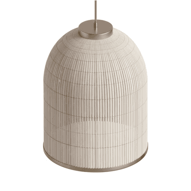 A bell-shaped pendant light featuring a shade meticulously crafted from tightly woven natural rattan or cane in a light beige hue. It is accented with polished brass-toned metallic elements, including a suspension cap at the top and a thin band encircling the bottom rim. The shade exhibits a distinct vertical ribbed texture, contributing to its organic and contemporary aesthetic. — 3D model (AI enhanced source)