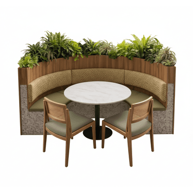 A semi-circular booth seating arrangement designed for a dining or lounge area, featuring integrated planters along the top edge and two accompanying chairs. The booth has a curved backrest upholstered in a textured fabric and a base with a speckled, stone-like finish. Two side chairs with wooden frames and woven cane backs complement the booth, each with a cushioned seat upholstered in a solid green fabric. A circular marble-top table with a black pedestal base is centrally positioned within the seating area. — 3D model (AI enhanced source)