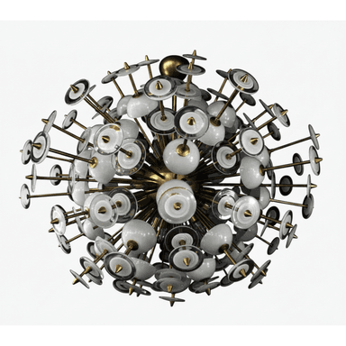 A spherical chandelier with numerous arms radiating outwards, each supporting a decorative element. The elements consist of white opaque glass shades and clear glass discs with dark rims, attached to brass-colored metal rods. A central golden sphere forms the apex of the structure. — 3D model (AI enhanced source)