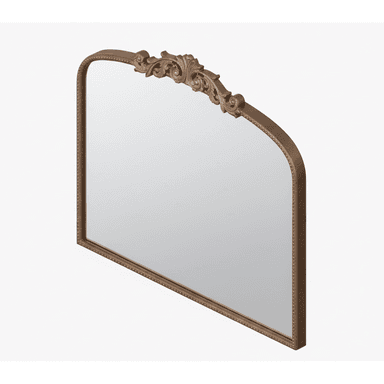 An ornate wall mirror with an arched top and a richly decorated frame. The frame features an intricately carved crest at its apex with scrolled acanthus leaf motifs, an antique bronze finish, and an inner beaded trim along the perimeter. The mirror provides clear reflection. — 3D model (AI enhanced source)