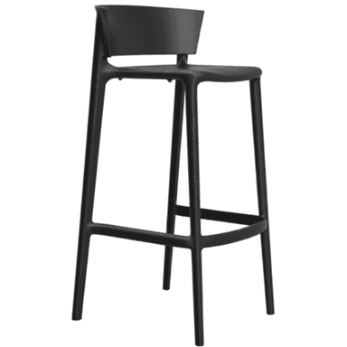 A modern black plastic bar stool featuring a curved backrest and integrated footrest, designed for elevated seating in contemporary spaces. — 3D model (AI enhanced source)
