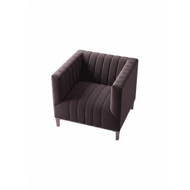 A contemporary upholstered armchair featuring distinctive vertical channel tufting on the interior backrest and inner arms. The chair is clad in a rich, dark plum-colored velvet fabric, presenting a luxurious and soft texture. It has a boxy silhouette with integrated, slightly flared arms, supported by four short, tapered wooden legs in a light finish. The design combines modern aesthetics with a touch of classic elegance. — 3D model (AI enhanced source)