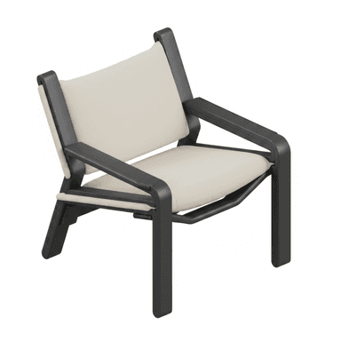 A modern armchair with a dark gray metal frame and a light cream-colored fabric seat and backrest. The armchair features a low profile, wide arms, and a minimalist design. The frame has clean lines and appears to be constructed from tubular metal, possibly aluminum or steel, with a matte finish. The fabric appears to be durable and suitable for outdoor use, though it could also be an indoor fabric. — 3D model (AI enhanced source)