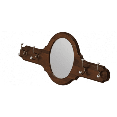 A wall-mounted decorative wooden panel featuring an oval mirror in the center and multiple brass coat hooks with white ceramic knobs on either side. The dark-finished wood frame has carved details along its edges. — 3D model (AI enhanced source)