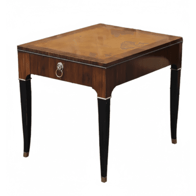 A refined Neoclassical style side table featuring a single drawer with a decorative lion's head pull. The table exhibits a rectangular top with a distinctive wood veneer pattern, likely marquetry or parquetry, bordered by a darker band. Its body is constructed from rich, dark wood veneer, complementing the black lacquered, tapered legs. Each leg is accented with brass banding at the top and brass sabots at the feet, highlighting its elegant design and material contrast. — 3D model (AI enhanced source)