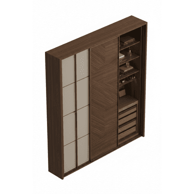 A modern, rectangular wardrobe featuring a dark wood veneer with a distinct herringbone pattern on some sections, and contrasting light beige opaque panels on others. It is designed with sliding doors for closed storage and an integrated open shelving unit with multiple shelves and pull-out drawers for display and accessible storage. — 3D model (AI enhanced source)