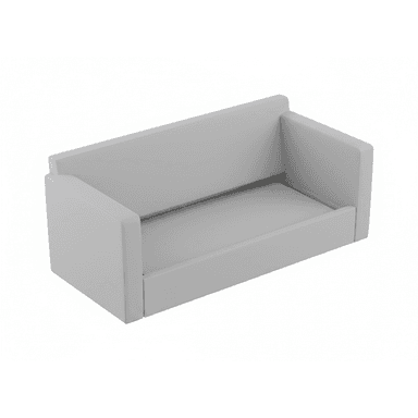 A minimalist two-seater sofa rendered in a light gray color on a white background. It features a simple, boxy silhouette with straight lines, integrated flat arms, and flush seat and back cushions, presenting a clean and contemporary aesthetic. — 3D model (AI enhanced source)