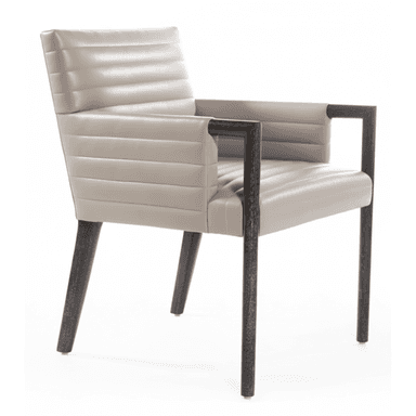 A contemporary armchair featuring horizontal channel tufting on the backrest and seat, upholstered in a light beige material. The chair has exposed dark-finished wooden or metal armrests that extend into tapered front and splayed rear legs, providing a stable and stylish base. — 3D model (AI enhanced source)
