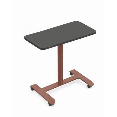 A modern mobile side table featuring a rectangular dark gray tabletop with rounded corners, supported by a single cylindrical pedestal. The pedestal connects to a rust-colored, powder-coated metal C-shaped base that is equipped with four black caster wheels for mobility. — 3D model (AI enhanced source)